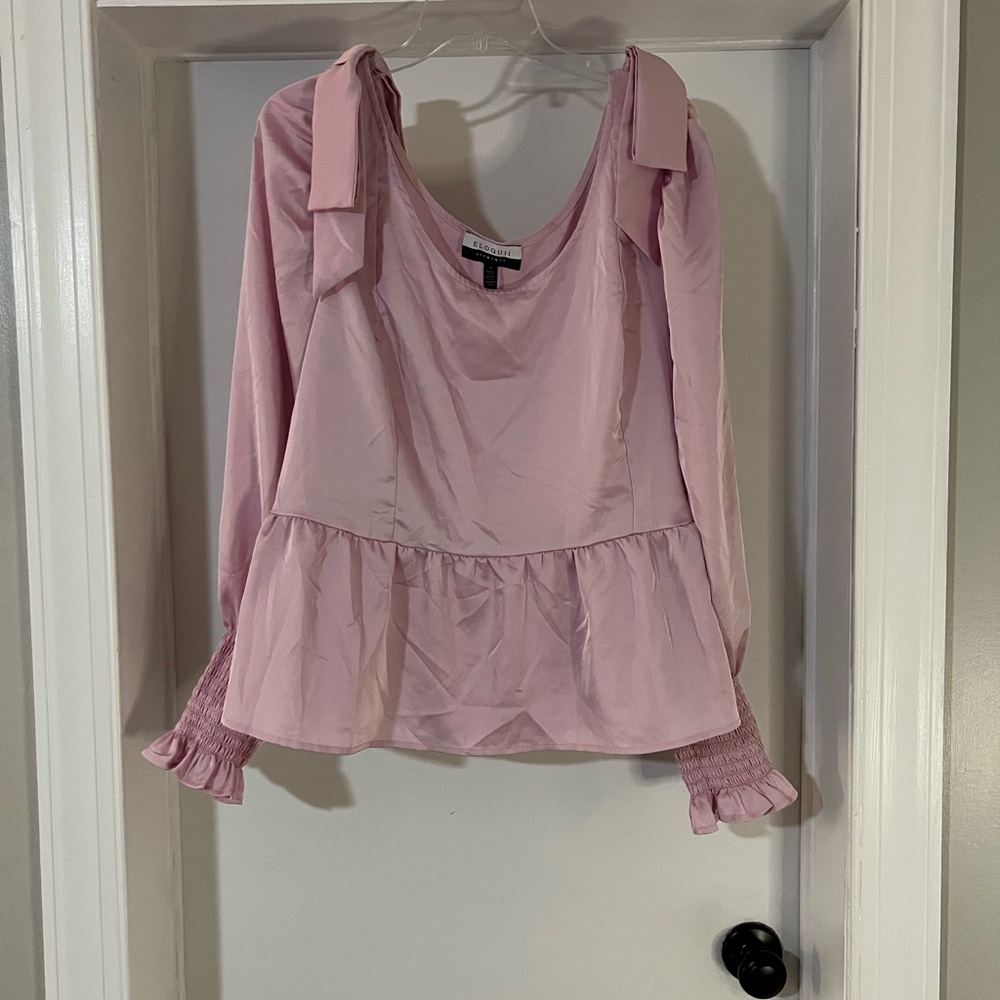 Eloquii Shirt sz 20 Pink Tunic Long sleeve With Bow On Shoulders Satin look Top